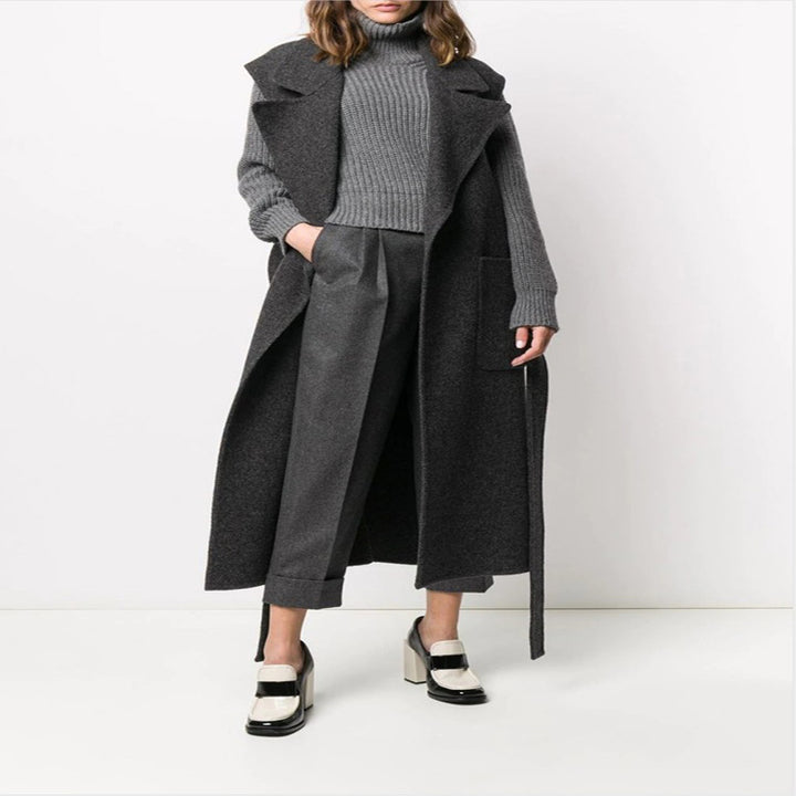 Damen Maxilanger ärmelloser Wollmix-Mantel mit weitem Schalkragen und Bindegürtel Drune