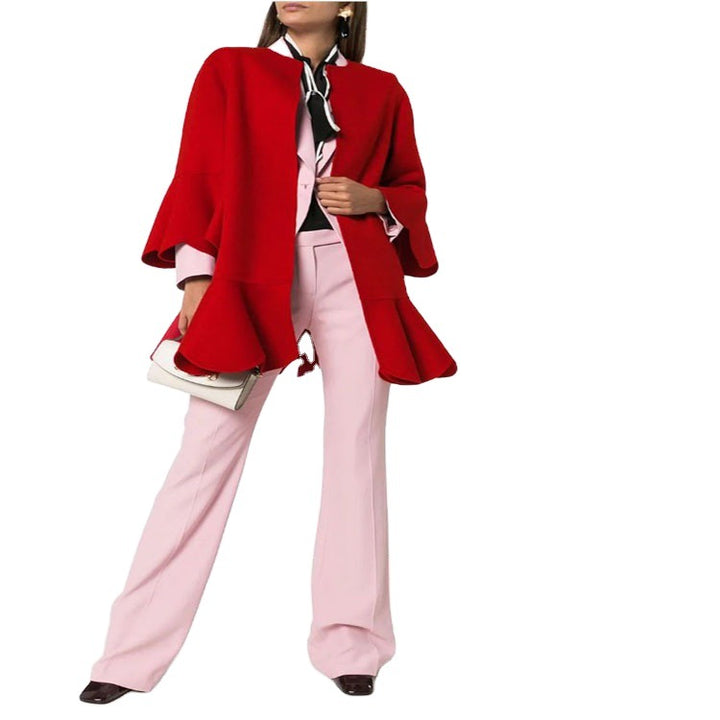Damen Volantierter Cape‑Mantel aus Wollmix mit Glockenärmeln Drune