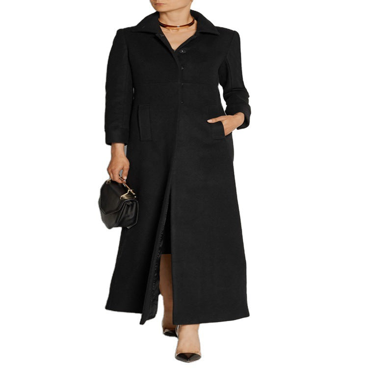 Damen Bodenlanger Einreiher-Mantel mit Gehschlitz und taillierter Silhouette Drune