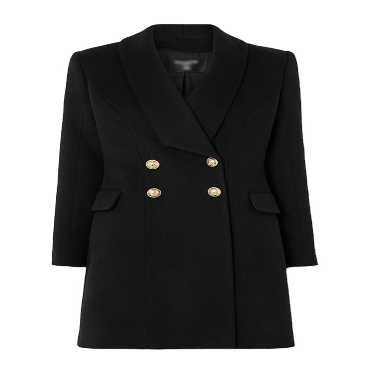 Damen Midilanger taillierter Wollmantel im Korsett‑Tailoring mit Schalkragen und goldverzierten Zierknöpfen Drune
