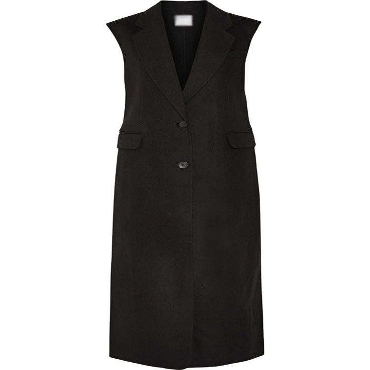 Damen Maxilange Ärmellose Tailoring-Weste aus Wollmix mit Pattentaschen Drune