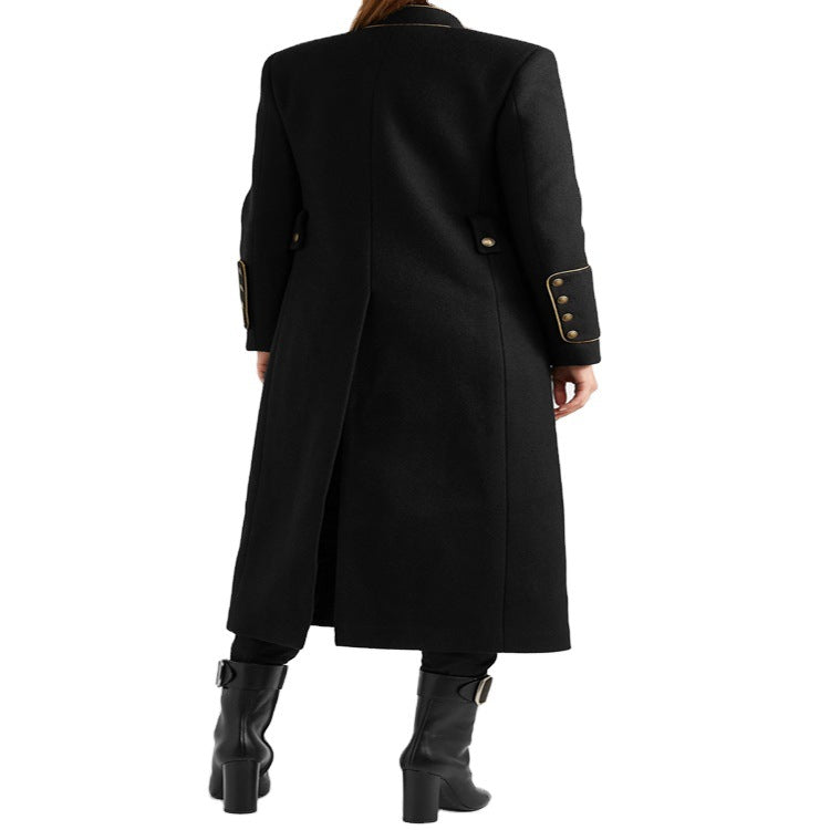 Damen Langer Militärischer Wollmantel mit goldenen Zierknöpfen und Stehkragen Drune