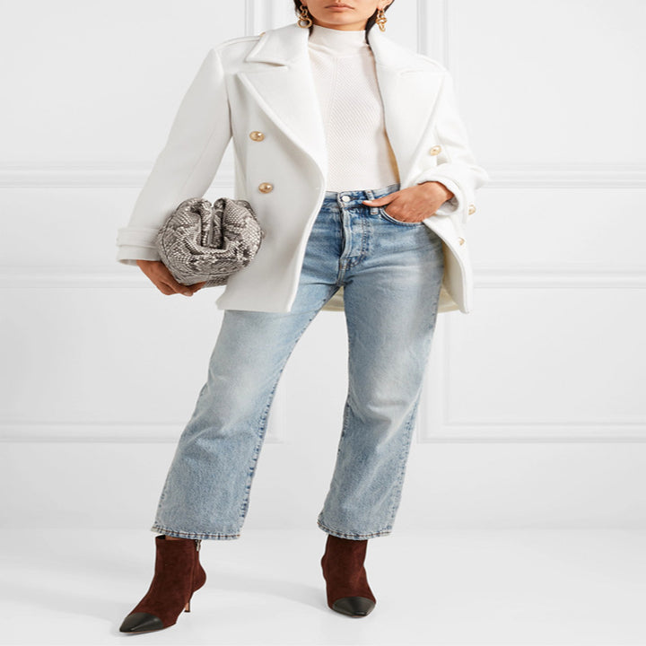 Damen Zweireihiger Kurzmantel im Marine‑Tailoring mit goldenen Zierknöpfen Drune