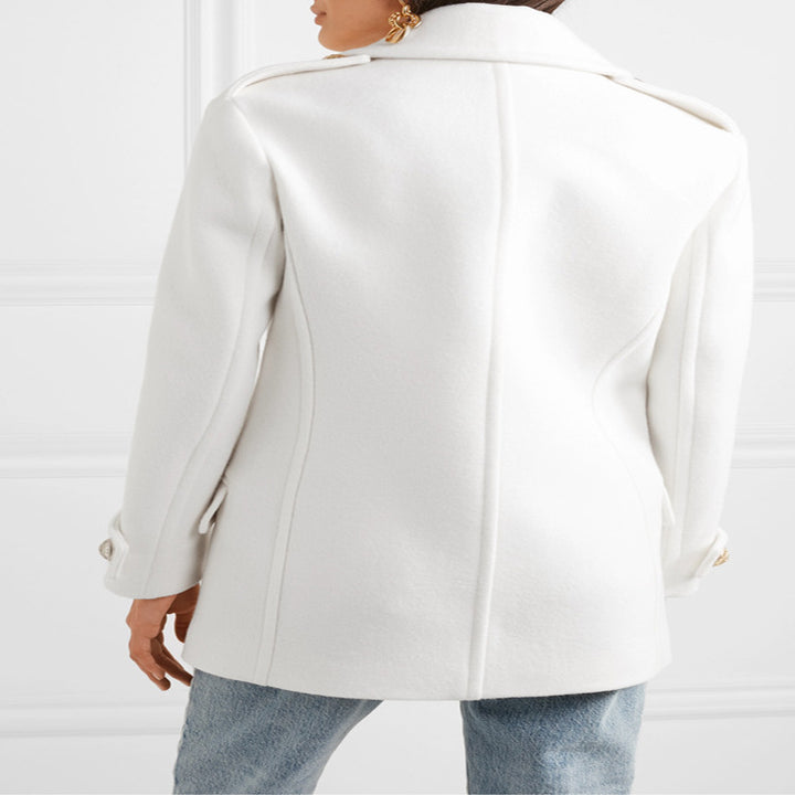 Damen Zweireihiger Kurzmantel im Marine‑Tailoring mit goldenen Zierknöpfen Drune