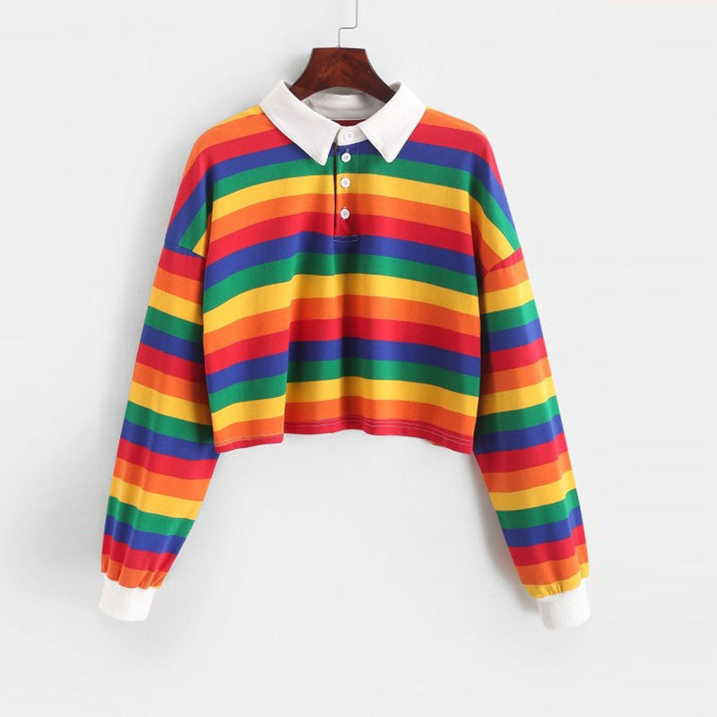 Damen Kurzarm-Polo-Sweater mit bunten Streifen Drune