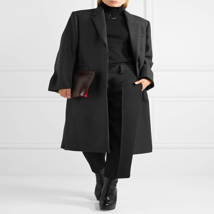 Damen Oversize Einreihiger Maxilanger Wollmix-Longcoat mit relaxter Schulter und Pattentaschen Drune