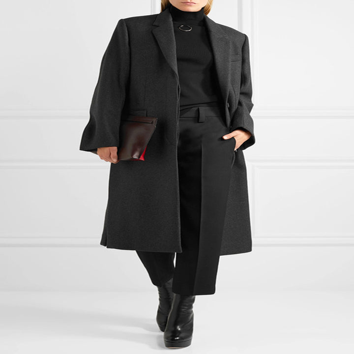 Damen Oversize Einreihiger Maxilanger Wollmix-Longcoat mit relaxter Schulter und Pattentaschen Drune