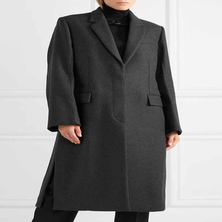 Damen Oversize Einreihiger Maxilanger Wollmix-Longcoat mit relaxter Schulter und Pattentaschen Drune