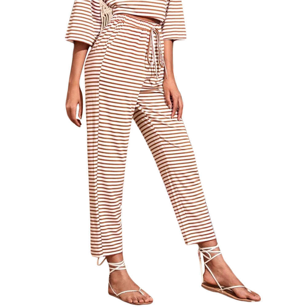 Damen Jersey-Loungehose mit elastischem Bund Tunnelzug Eingrifftaschen geradem Bein Drune
