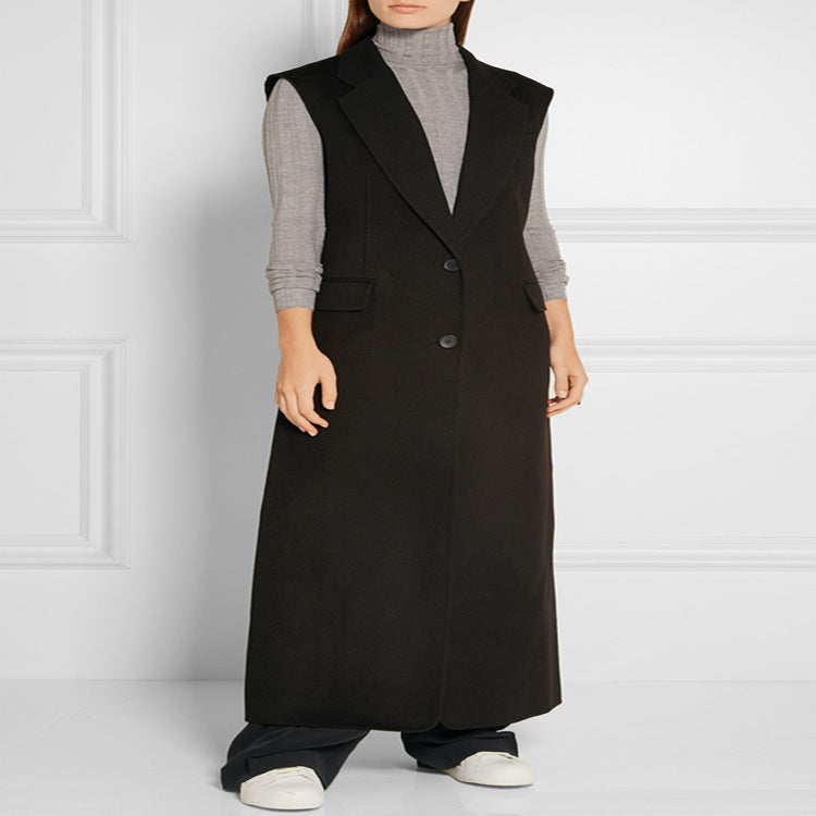 Damen Maxilange Ärmellose Tailoring-Weste aus Wollmix mit Pattentaschen Drune