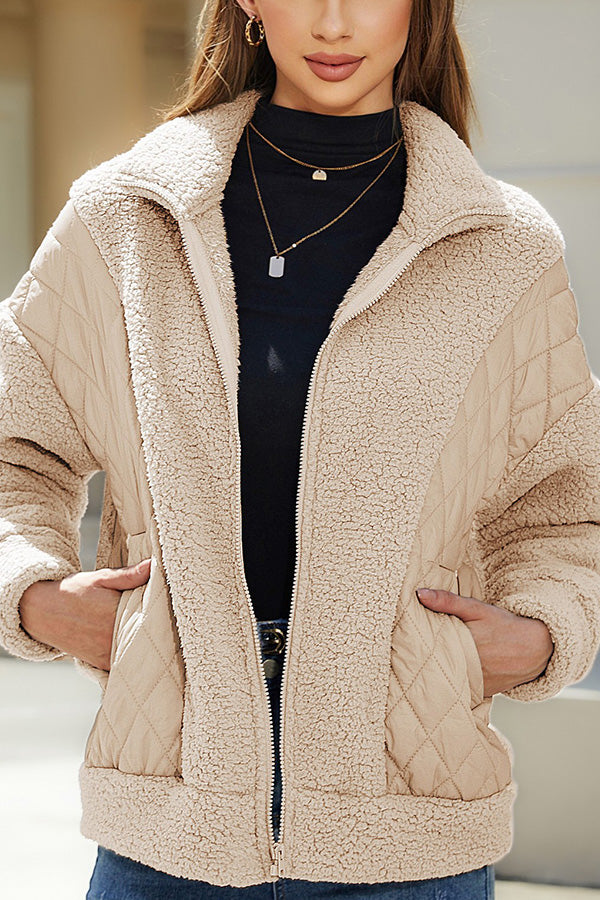 Drune | Langarm-Cardigan mit Reißverschluss aus Plüsch-Patchwork Damenjacke