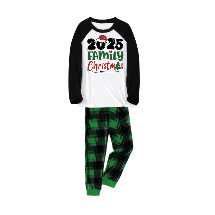 Drune | 2025 Familien-Weihnachtspajama-Set - Schwarzer Raglan-Ärmel Weißes Oberteil Grüne und Schwarze Karohose Grafik