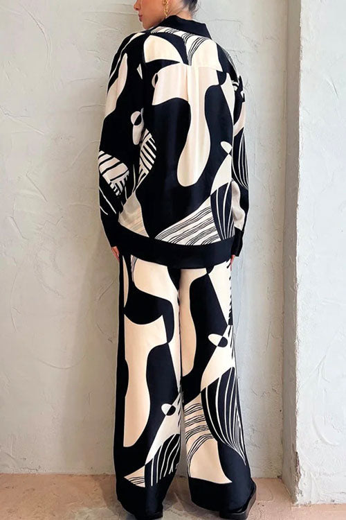 Drune | Rosiedress Grafik Druck Langarm Bluse Shirt Weite Beinform Hose 2 Teile Set