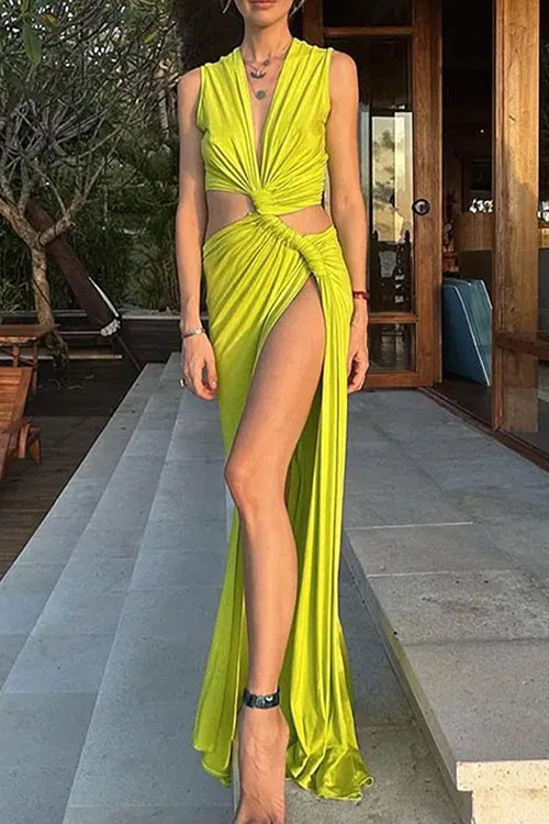 Drune | Rosiedress V-Ausschnitt Knoten Vorderseite Cut-Out Hoher Schlitz Ärmelloses Maxi-Kleid