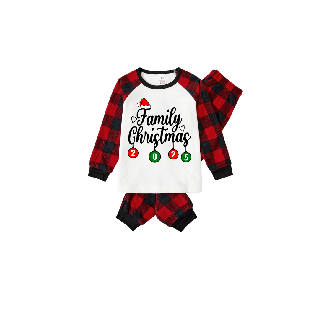 Drune | Weihnachtsfamilien passende Familienpyjama-Set - Weißes Oberteil, Rote Hose, Karomuster