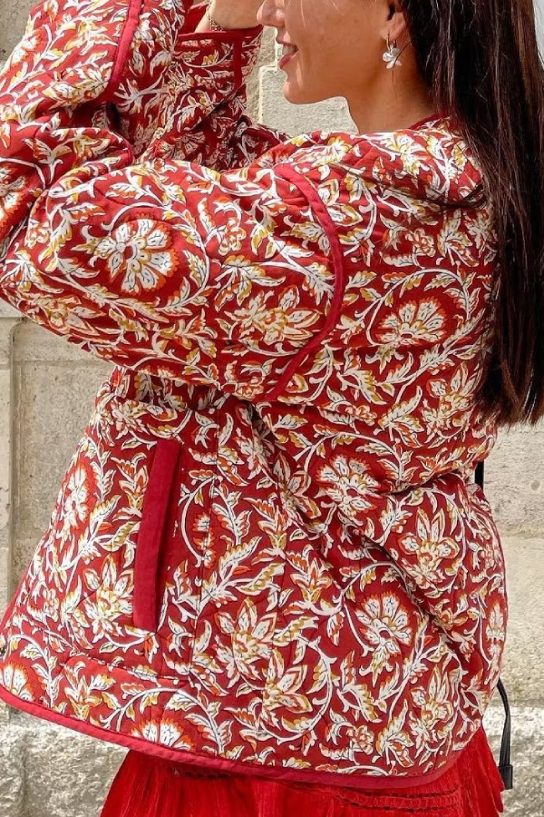 Drune | Hals Floral Print Lockere Gequiltete Baumwolljacke