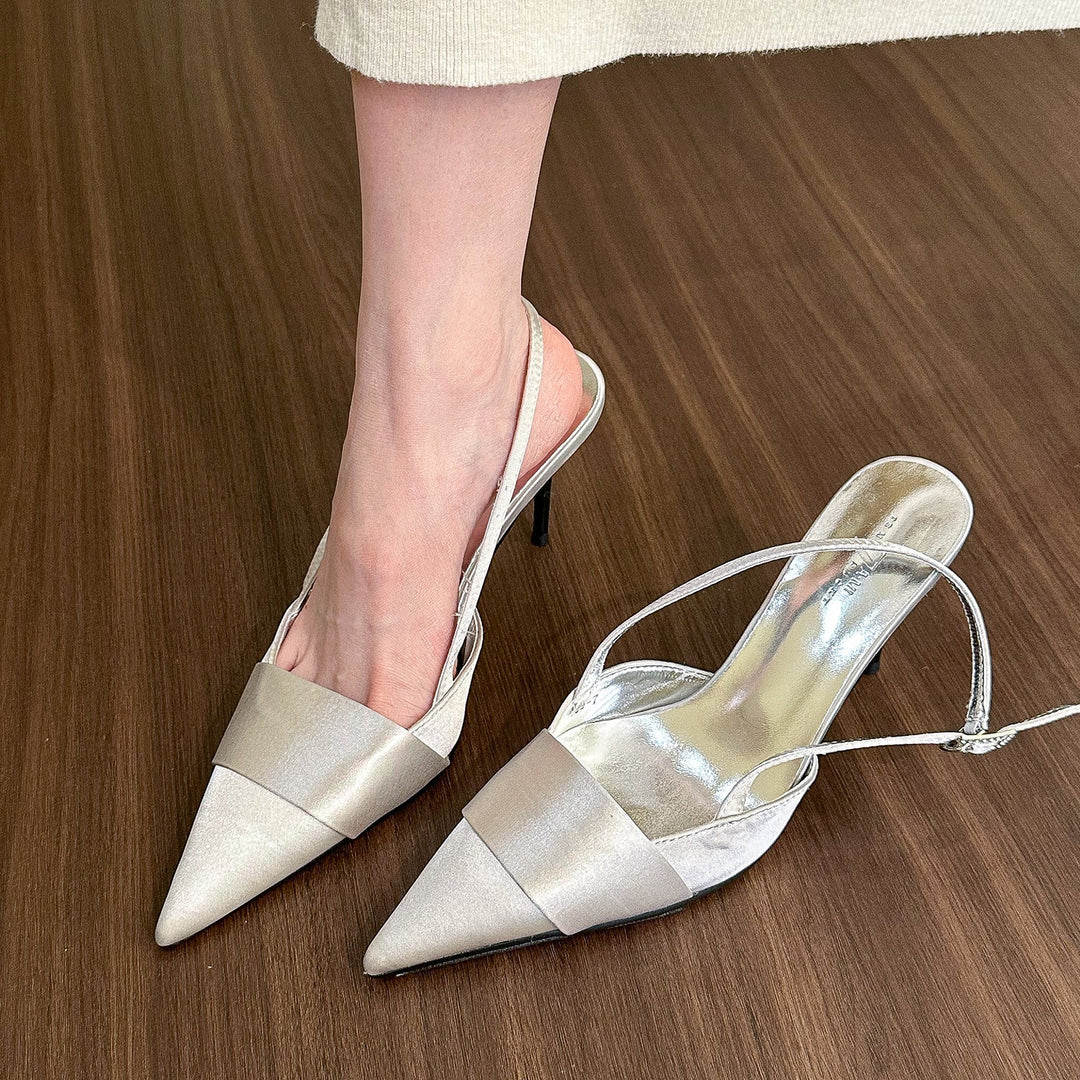 Drune | Damen Geschlossene Zehe Spitz Zehen Silber Satin Sandalen