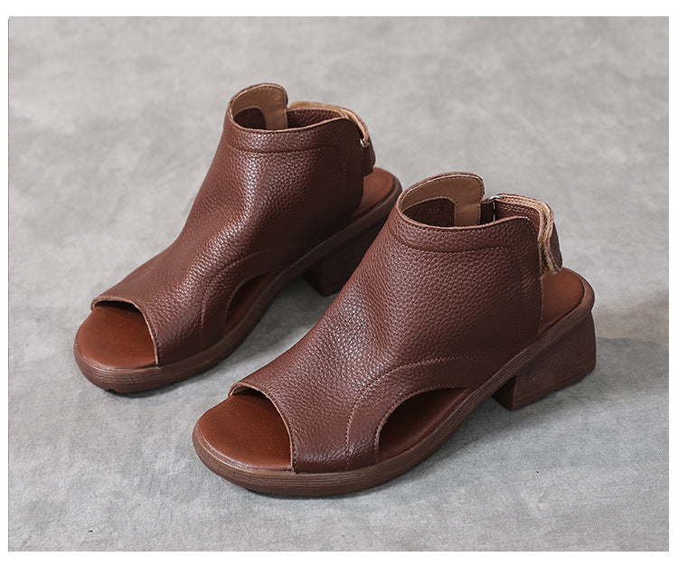 Drune | Echtes Leder Retro Künstlerische Damen Sandalen Mittelhoch Weiche Sohle
