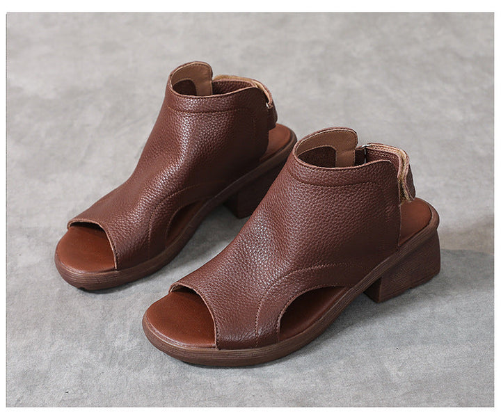 Drune | Echtes Leder Retro Künstlerische Damen Sandalen Mittelhoch Weiche Sohle
