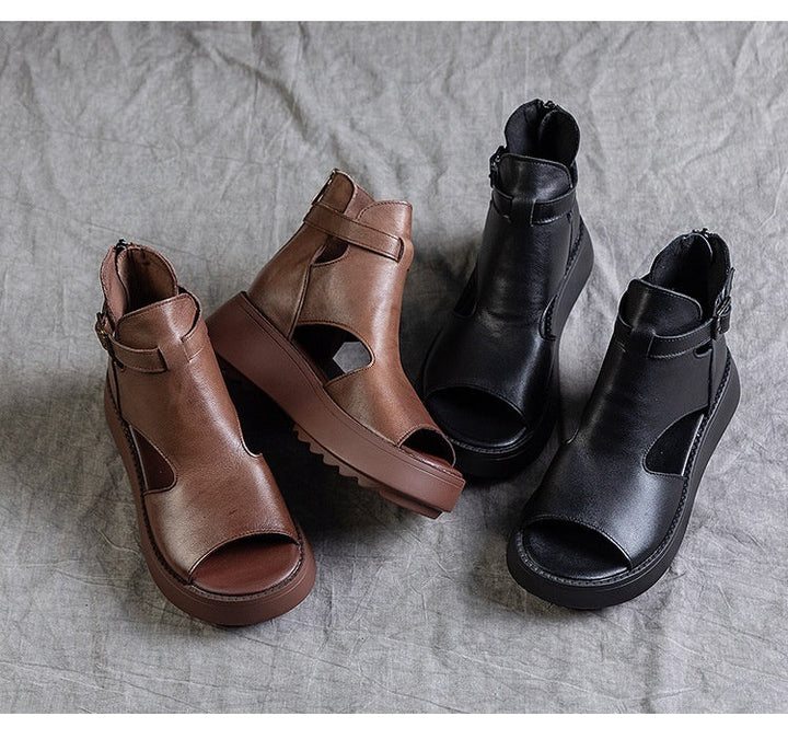 Drune | Sommer Neu Retro Erste Schicht Rindsleder Rücken Peep Toe Sandalen für Frauen