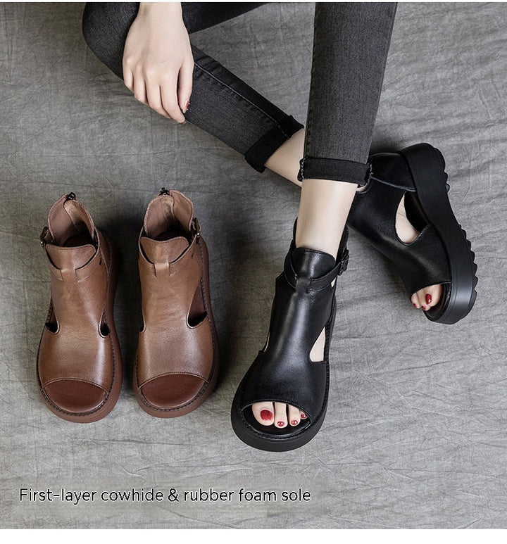 Drune | Sommer Neu Retro Erste Schicht Rindsleder Rücken Peep Toe Sandalen für Frauen
