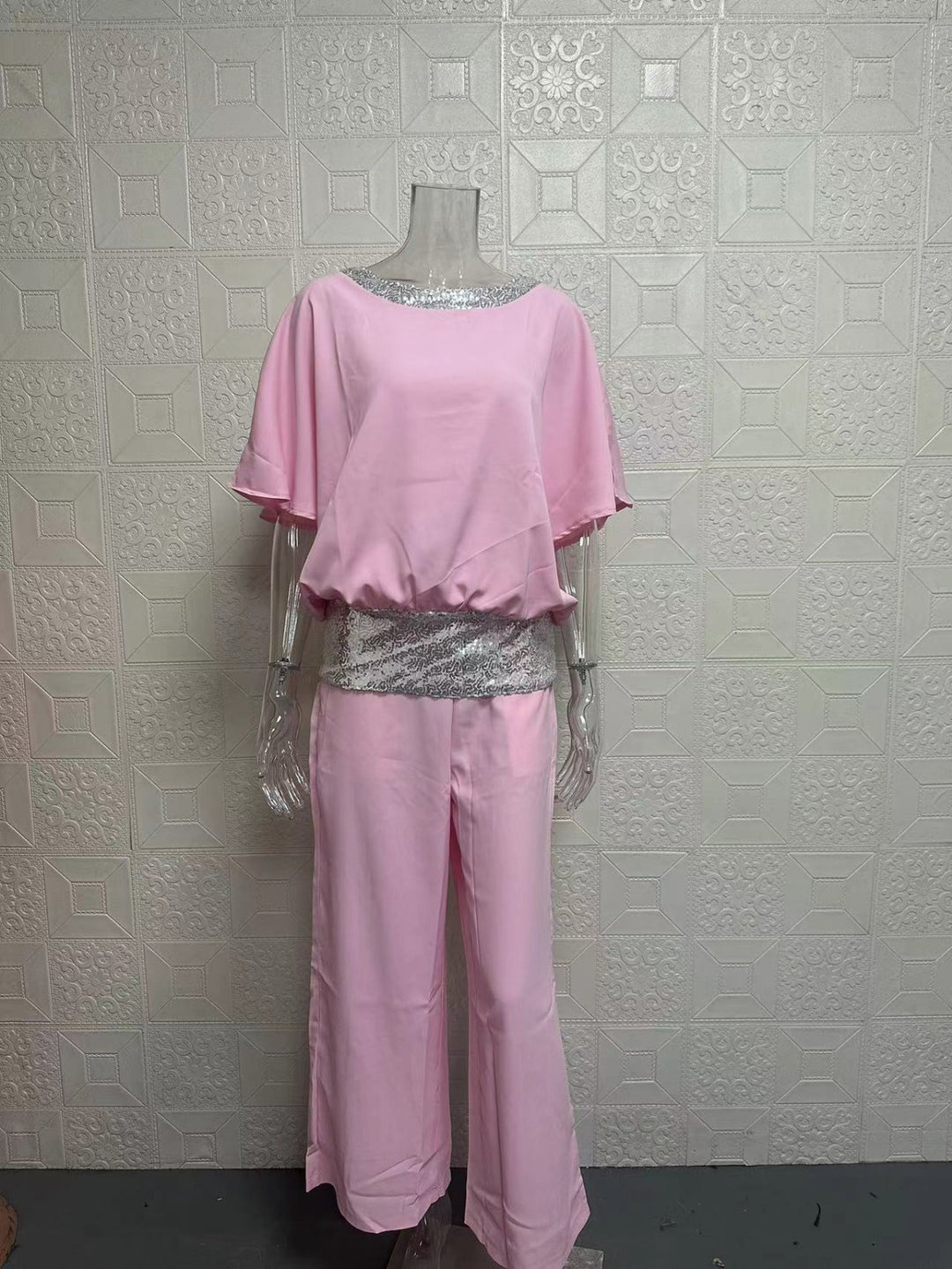 Drune | Rundhalsausschnitt Pailletten Farbe Matching Batman Wide Leg Pants Set
