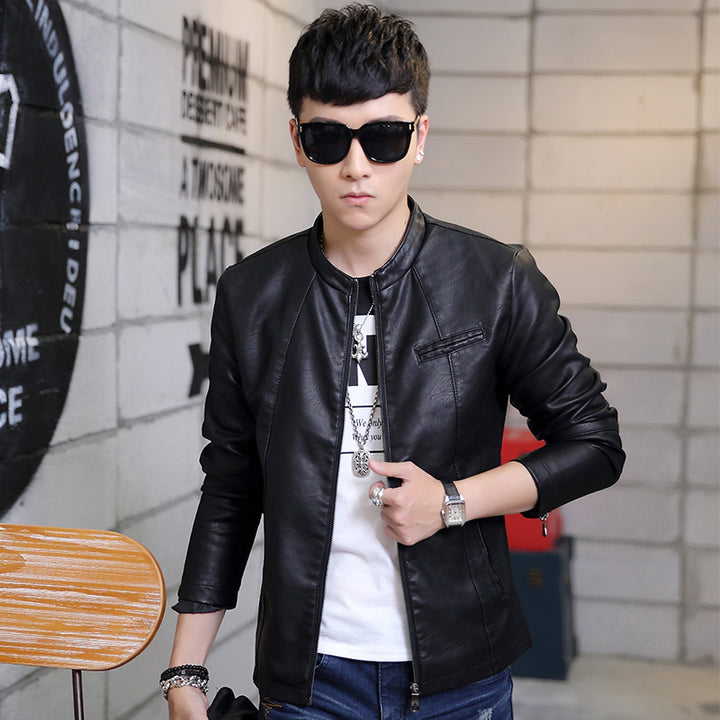 Herren Slim-Fit Kunstlederjacke im Bikerstil mit Stehkragen und Reißverschluss Drune