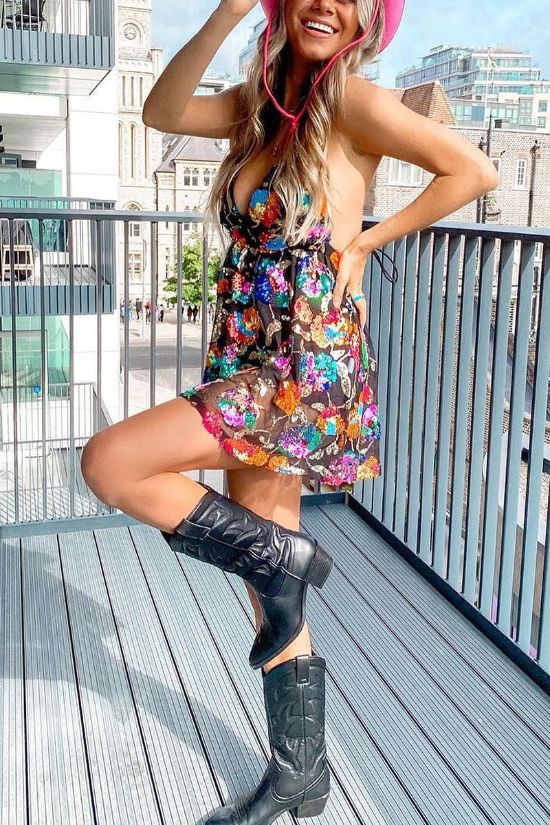 Drune | Regenbogen Pailletten Offene Rücken Slip Mini Kleid