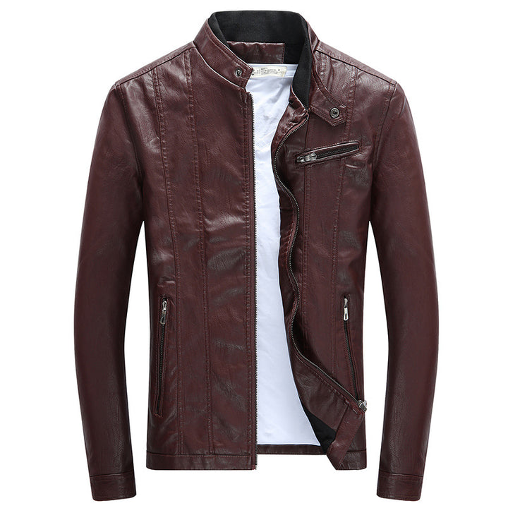 Herren Moderner Slim-Fit Lederoptik-Blouson mit Stehkragen und Brust-Reißverschlusstasche Drune