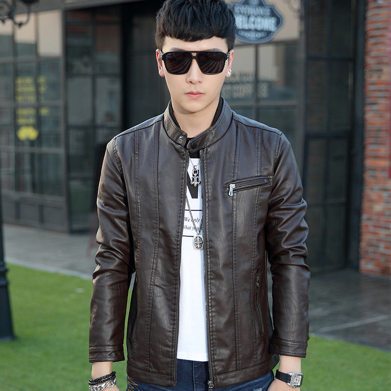 Herren Moderner Slim-Fit Lederoptik-Blouson mit Stehkragen und Brust-Reißverschlusstasche Drune