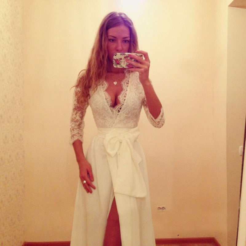 Damen Zweiteiliges Abendkleid mit Spitzen-Corsage, V-Ausschnitt & Maxirock mit hohem Beinschlitz Drune