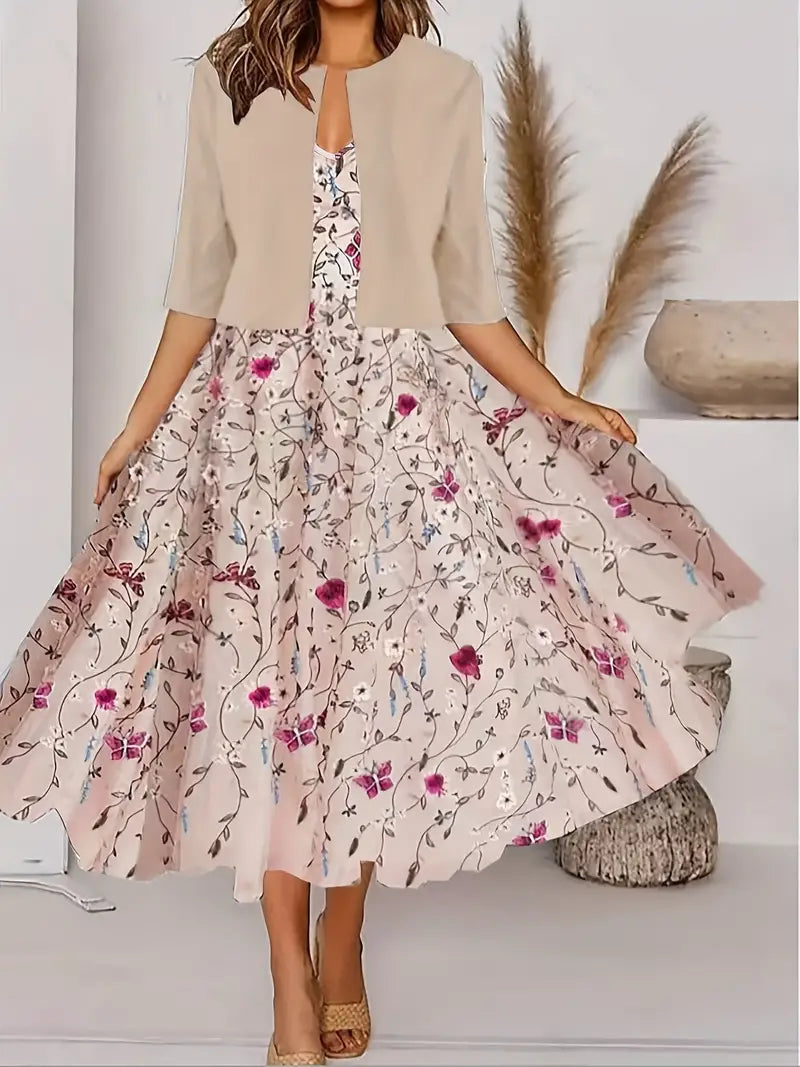 Drune | Geteilter Kleid mit V-Ausschnitt und Ärmellose Oberteil mit Blumenmuster