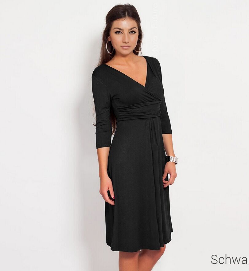 Damen Wickelkleid mit V-Ausschnitt, taillierter Empire-Passe & 3/4-Ärmeln Drune