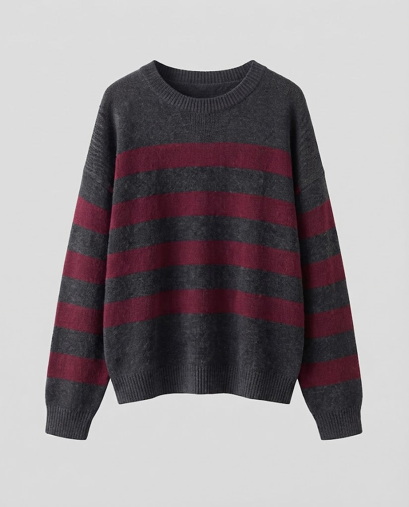 Damen Gestreifter Feinstrickpullover mit Rundhals, überschnittener Schulter und lockerer Silhouette Drune