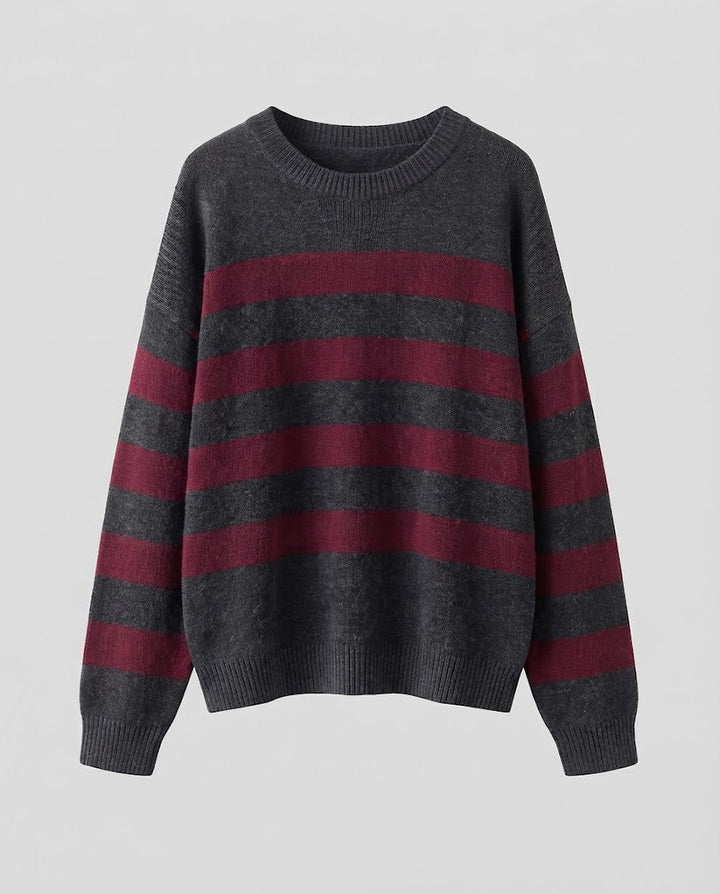 Damen Gestreifter Feinstrickpullover mit Rundhals, überschnittener Schulter und lockerer Silhouette Drune