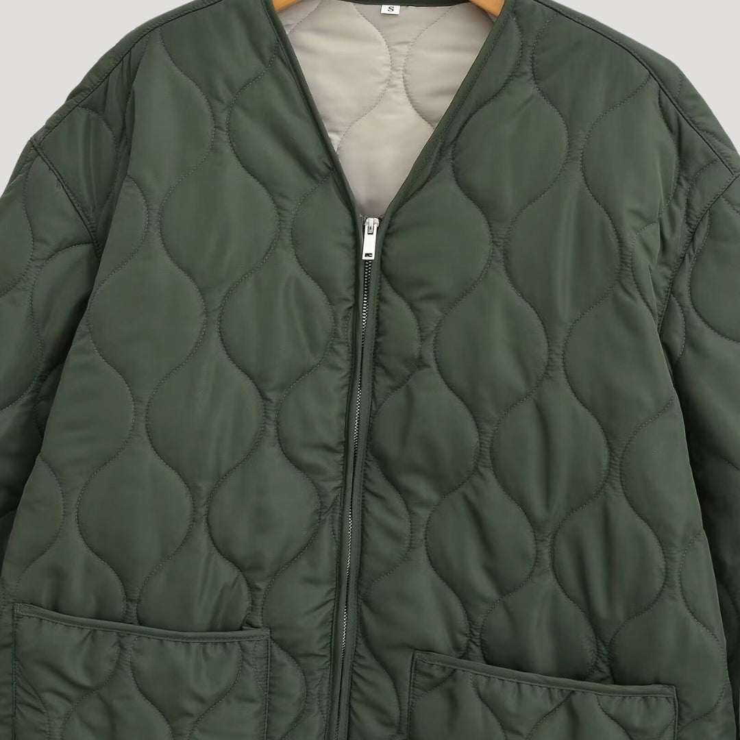 Drune | Damen gesteppte oversized grüne Fleece Zip-Up Jacke