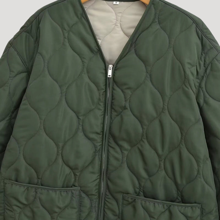 Drune | Damen gesteppte oversized grüne Fleece Zip-Up Jacke