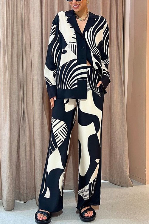 Drune | Rosiedress Grafik Druck Langarm Bluse Shirt Weite Beinform Hose 2 Teile Set
