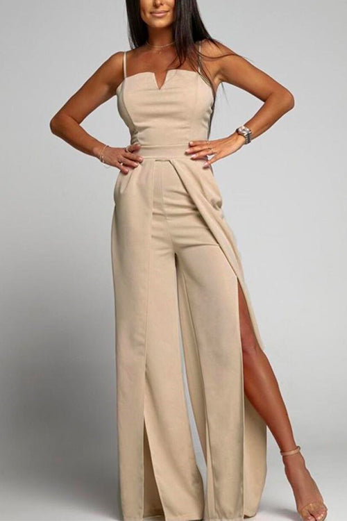 Drune | Hohe Taille Schlitz Fließender Breiter Bein Cami Jumpsuit