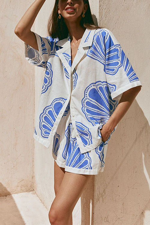 Drune | Rosiedress V-Ausschnitt Kurzarmshirt und Shorts mit Kordelzug Taillierung Muscheldruck Set