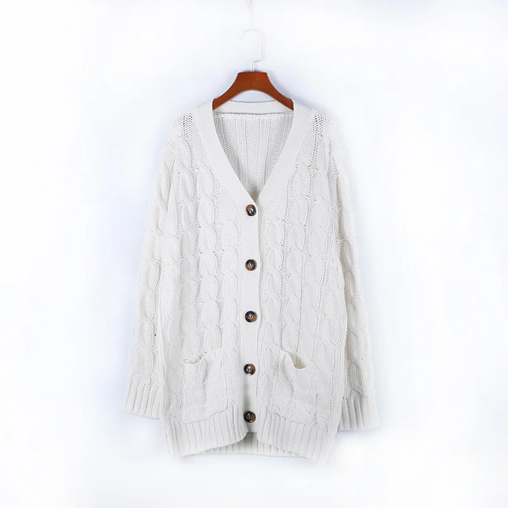 Drune | Wollstrickjacke Damen Mit Zopfmuster Und Holzknöpfen, Lockere