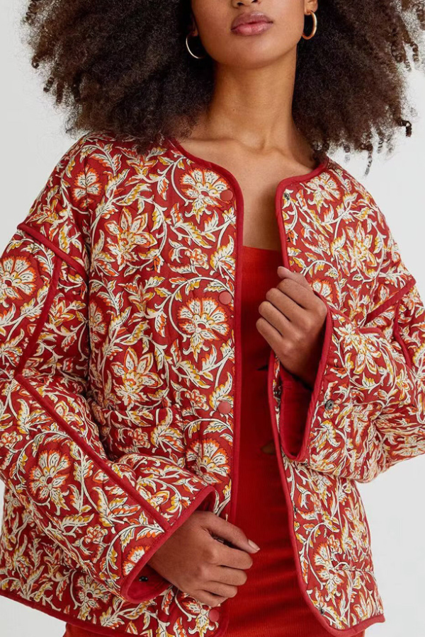 Drune | Hals Floral Print Lockere Gequiltete Baumwolljacke