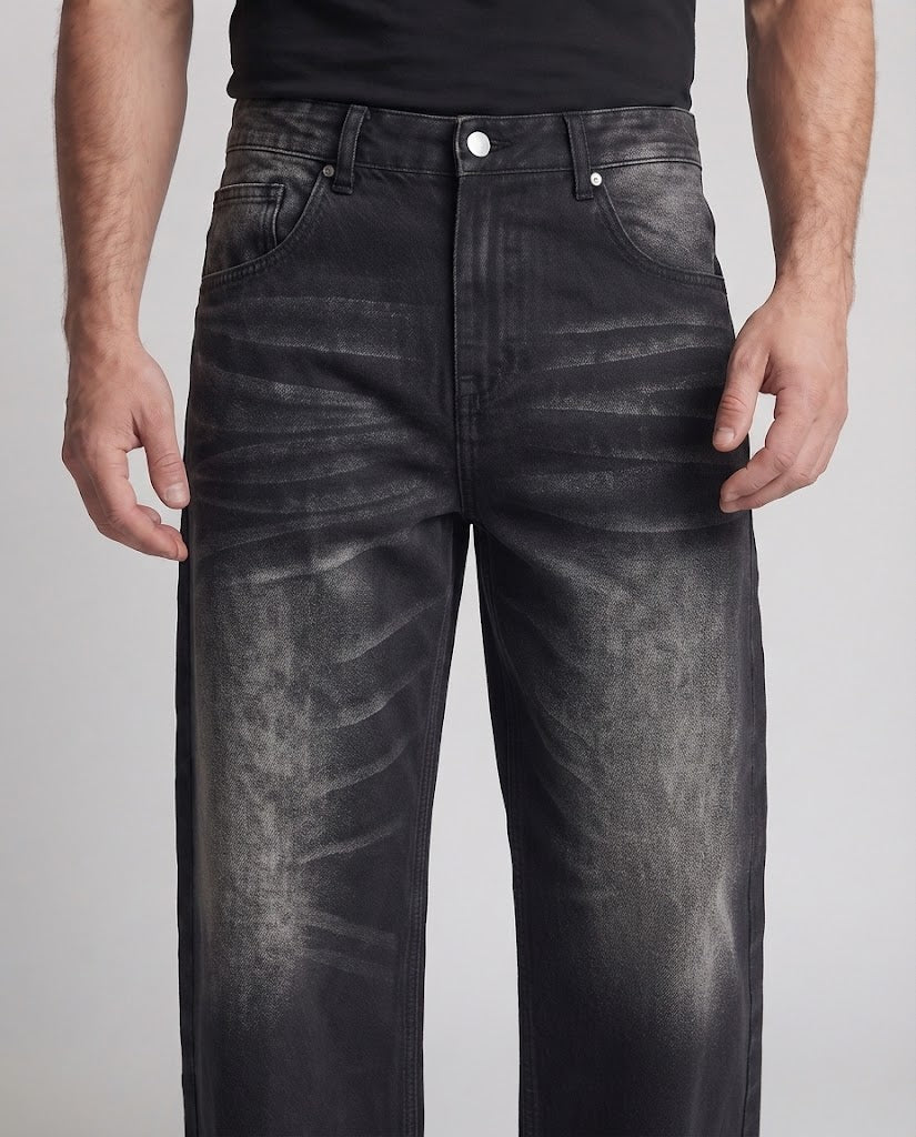 Herren Extraweite Baggy-Denim-Palazzo-Jeans mit tiefem Schritt und starkem Stonewash Drune