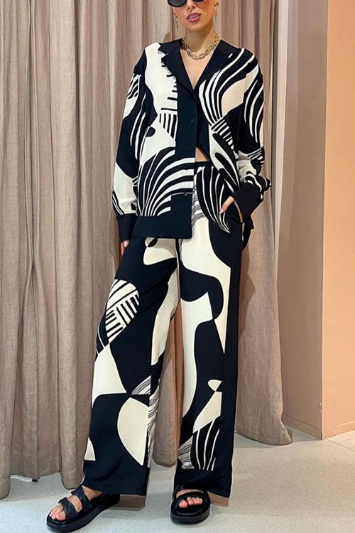 Drune | Rosiedress Grafik Druck Langarm Bluse Shirt Weite Beinform Hose 2 Teile Set