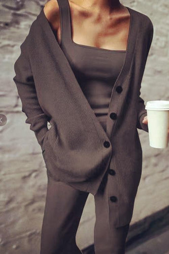 Drune | Rosiedress Breite Träger Tanktop Knopfleisten Cardigan und Lange Hose 3 Teile Loungeanzug Set