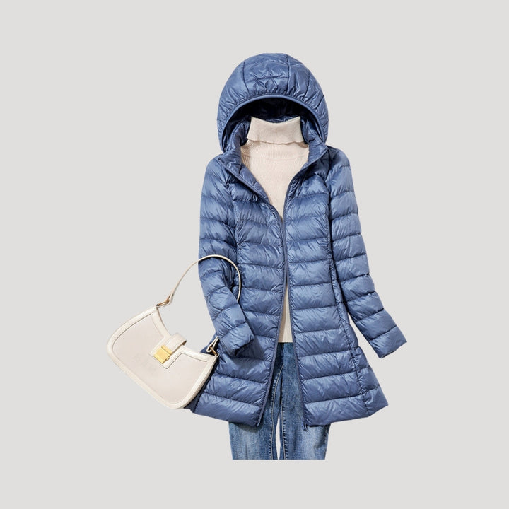 Drune | Damen lange gepolsterte Winter-Puffermantel mit Kapuze