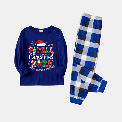 Drune | Marineblaues & Weißes Karomuster Weihnachts-Pyjama-Set mit dem Textdruck 
