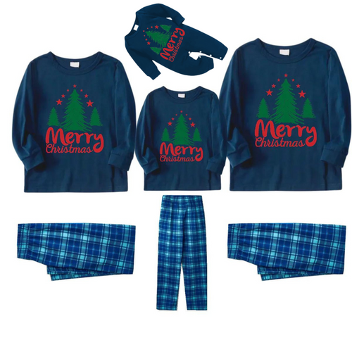 Drune | Frohe Weihnachten Brief & Baum Druck Muster Blau Langarmoberteil und Blau & Weiß Karierte Hose Familie Passende Pyjamas