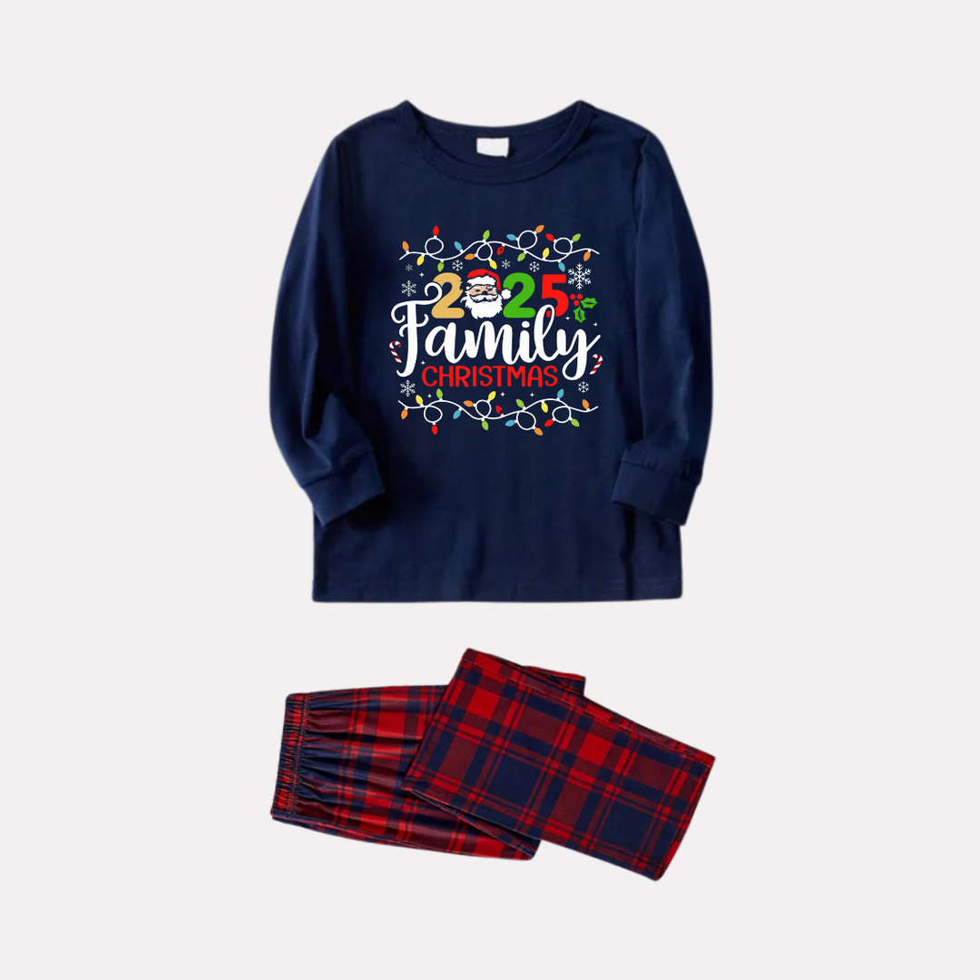 Drune | Marineblaues und rotes kariertes Weihnachts-Pyjama-Set mit Weihnachtslichtern und "2025 Familienweihnachten" Textdruck