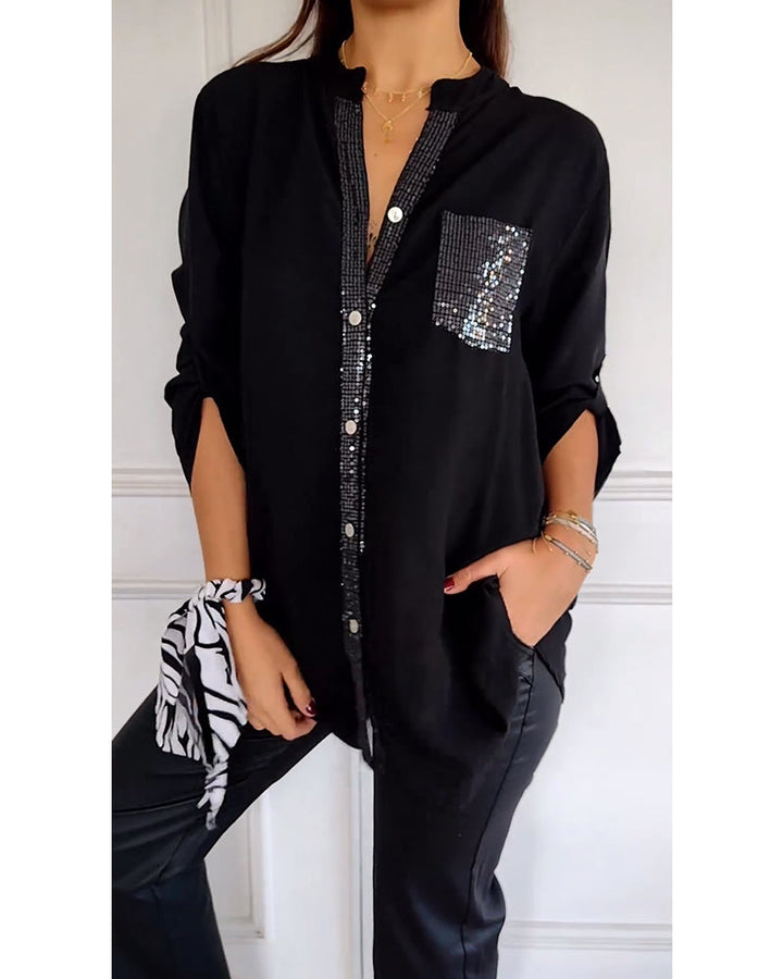 Drune - Schicke Bluse mit Knopfleiste und Paillettenbesatz für Damen | Elegante Langarmbluse mit Paillettentasche